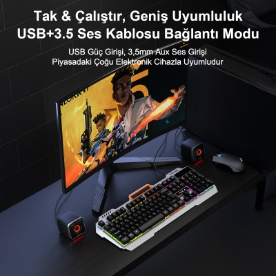 Aula A200 RGB Işıklı Masaüstü Gaming 3.5mm Jack Bilgisayar Pc Hoparlörü - 5