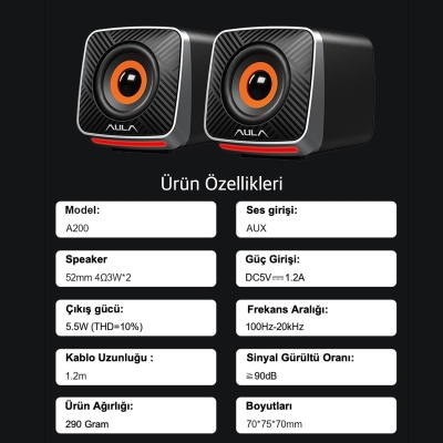 Aula A200 RGB Işıklı Masaüstü Gaming 3.5mm Jack Bilgisayar Pc Hoparlörü - 6