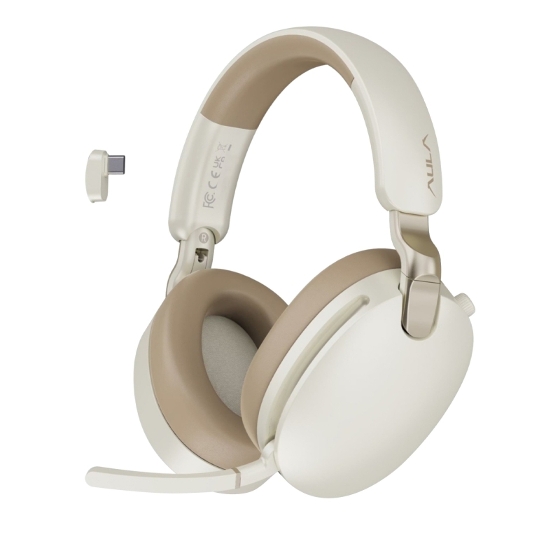AULA A500 Hybrid ANC 2.4GHz Kablosuz ve Bluetooth 5.4 AUX Mikrofonlu Kulak üstü Kulaklık Bej - 1