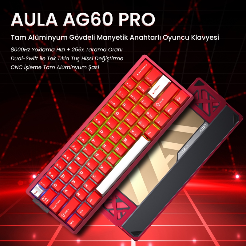 Aula AG60 Pro Alüminyum Manyetik Klavye Hall Effect Aether Switch 8000Hz RGB TKL Hot Swap Oyuncu Klavyesi Kırmızı - 2