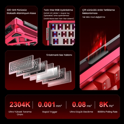 Aula AG60 Pro Alüminyum Manyetik Klavye Hall Effect Aether Switch 8000Hz RGB TKL Hot Swap Oyuncu Klavyesi Kırmızı - 3