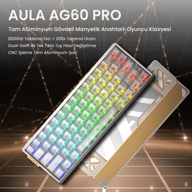 Aula AG60 Pro Alüminyum Manyetik Klavye Hall Effect Aether Switch 8000Hz RGB TKL Hot Swap Oyuncu Klavyesi Şeffaf - 2