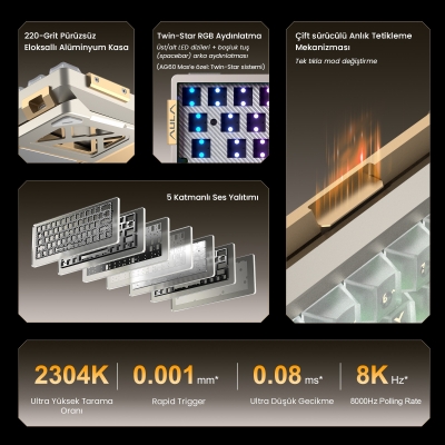 Aula AG60 Pro Alüminyum Manyetik Klavye Hall Effect Aether Switch 8000Hz RGB TKL Hot Swap Oyuncu Klavyesi Şeffaf - 3