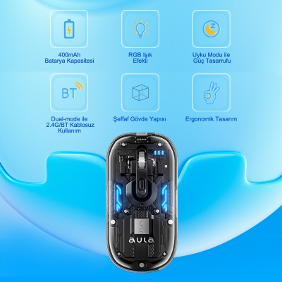 Aula AM210 Dual Mode Bluetooth ve Kablosuz 1600DPI RGB Şeffaf Şarjlı Mouse - 2