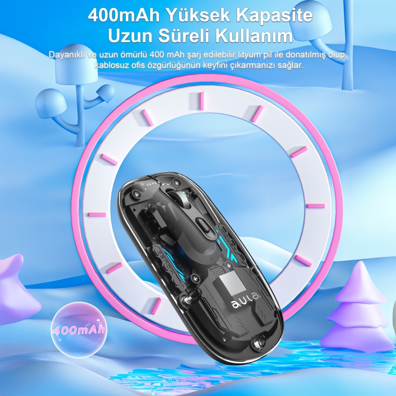 Aula AM210 Dual Mode Bluetooth ve Kablosuz 1600DPI RGB Şeffaf Şarjlı Mouse - 3