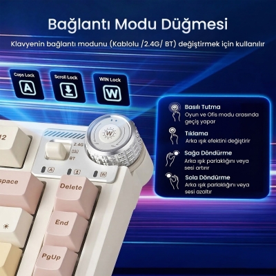 Aula AU75 3 Modlu RGB Hot Swap Mekanik TKL Bloomfield Switch Kablosuz Makrolu Klavye Krem - 2