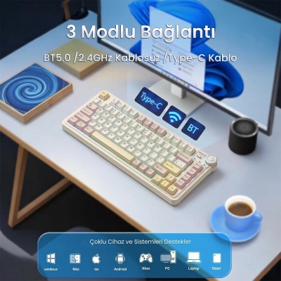 Aula AU75 3 Modlu RGB Hot Swap Mekanik TKL Bloomfield Switch Kablosuz Makrolu Klavye Krem - 3