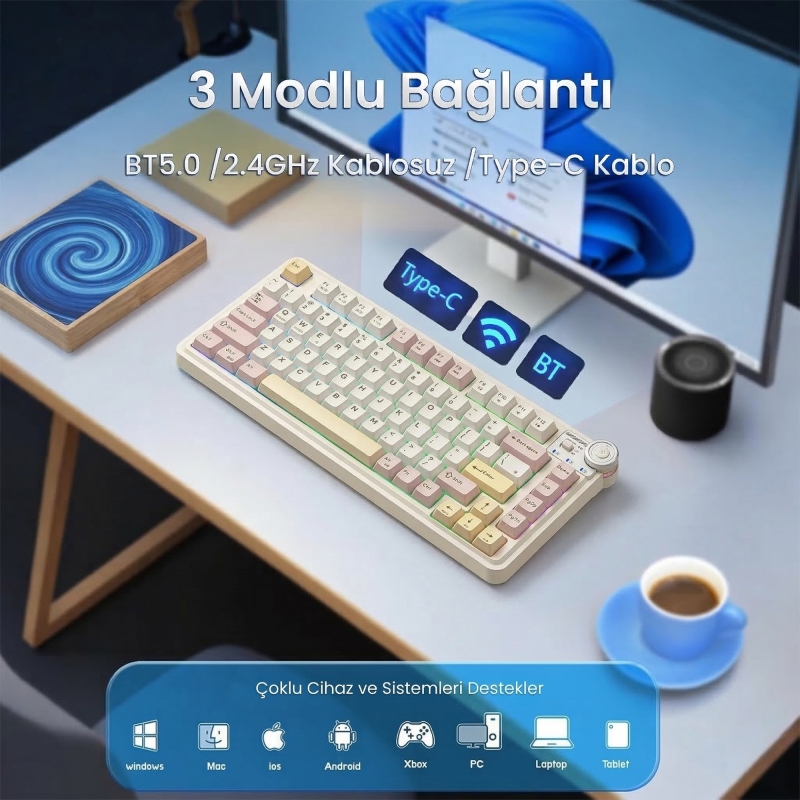 Aula AU75 3 Modlu RGB Hot Swap Mekanik TKL Bloomfield Switch Kablosuz Makrolu Klavye Krem - 3