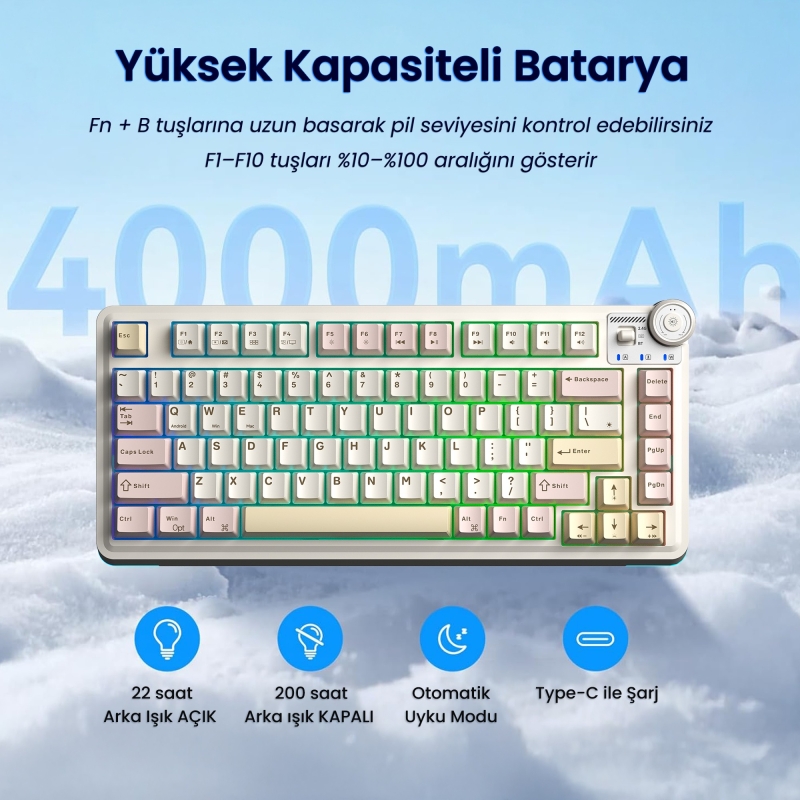 Aula AU75 3 Modlu RGB Hot Swap Mekanik TKL Bloomfield Switch Kablosuz Makrolu Klavye Krem - 4