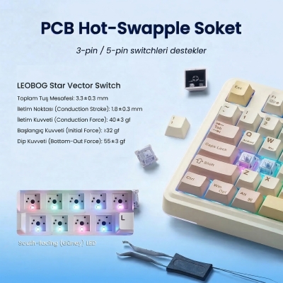 Aula AU75 3 Modlu RGB Hot Swap Mekanik TKL Bloomfield Switch Kablosuz Makrolu Klavye Krem - 5