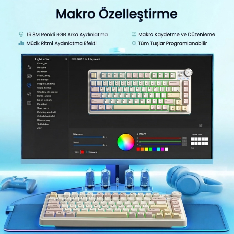 Aula AU75 3 Modlu RGB Hot Swap Mekanik TKL Bloomfield Switch Kablosuz Makrolu Klavye Krem - 7