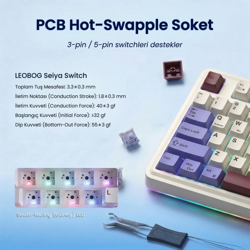 Aula AU75 3 Modlu RGB Hot Swap Mekanik TKL Seiya Switch Kablosuz Makrolu Klavye Bej - 3