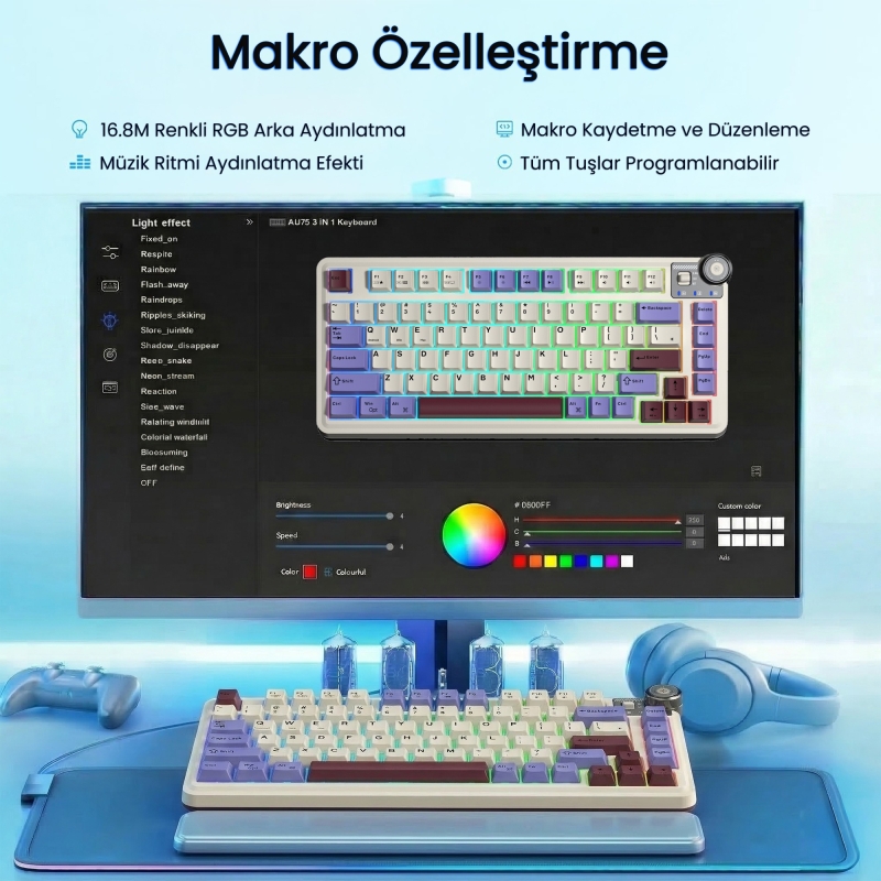 Aula AU75 3 Modlu RGB Hot Swap Mekanik TKL Seiya Switch Kablosuz Makrolu Klavye Bej - 5