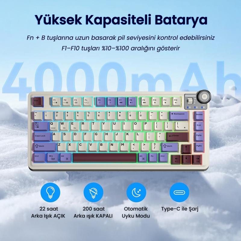 Aula AU75 3 Modlu RGB Hot Swap Mekanik TKL Seiya Switch Kablosuz Makrolu Klavye Bej - 2