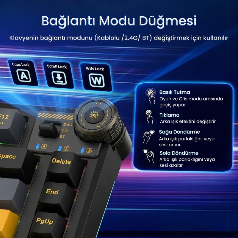 Aula AU75 3 Modlu RGB Hot Swap Mekanik TKL Seiya Switch Kablosuz Makrolu Klavye Siyah - 2