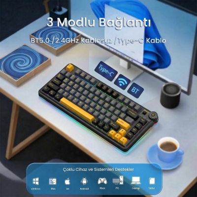 Aula AU75 3 Modlu RGB Hot Swap Mekanik TKL Seiya Switch Kablosuz Makrolu Klavye Siyah - 3