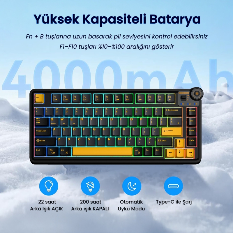 Aula AU75 3 Modlu RGB Hot Swap Mekanik TKL Seiya Switch Kablosuz Makrolu Klavye Siyah - 4