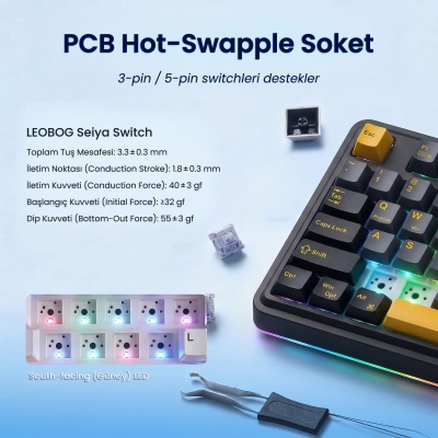 Aula AU75 3 Modlu RGB Hot Swap Mekanik TKL Seiya Switch Kablosuz Makrolu Klavye Siyah - 5