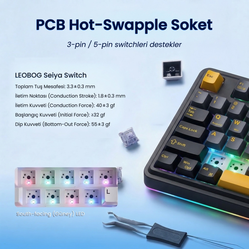 Aula AU75 3 Modlu RGB Hot Swap Mekanik TKL Seiya Switch Kablosuz Makrolu Klavye Siyah - 5