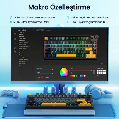 Aula AU75 3 Modlu RGB Hot Swap Mekanik TKL Seiya Switch Kablosuz Makrolu Klavye Siyah - 7