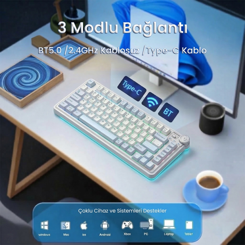 Aula AU75 3 Modlu RGB Hot Swap Mekanik TKL Star Vector Switch Kablosuz Makrolu Klavye Buz Mavisi - 3