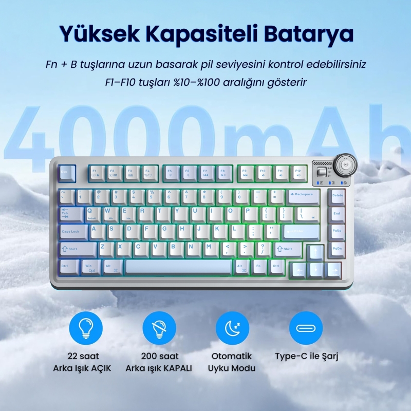 Aula AU75 3 Modlu RGB Hot Swap Mekanik TKL Star Vector Switch Kablosuz Makrolu Klavye Buz Mavisi - 4