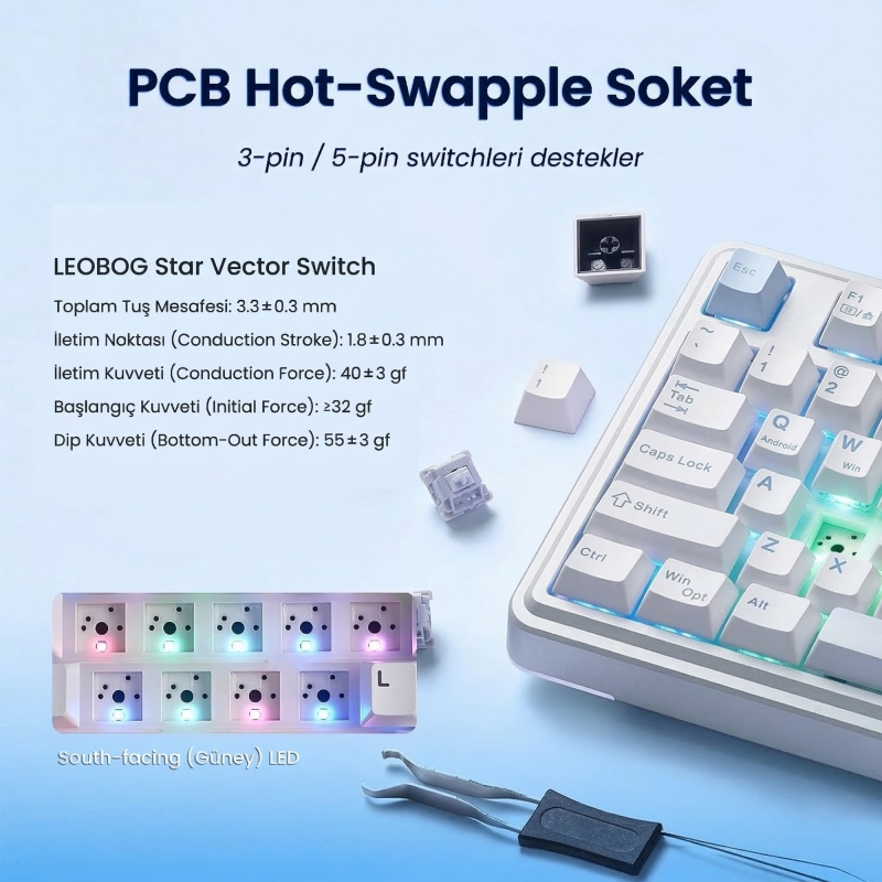 Aula AU75 3 Modlu RGB Hot Swap Mekanik TKL Star Vector Switch Kablosuz Makrolu Klavye Buz Mavisi - 5
