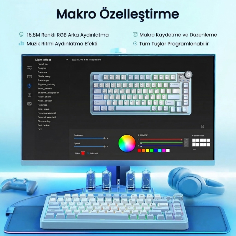 Aula AU75 3 Modlu RGB Hot Swap Mekanik TKL Star Vector Switch Kablosuz Makrolu Klavye Buz Mavisi - 7