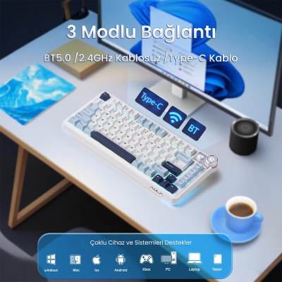 Aula AU75 3 Modlu RGB Hot Swap Mekanik TKL Star Vector Switch Kablosuz Makrolu Klavye Lacivert - 3