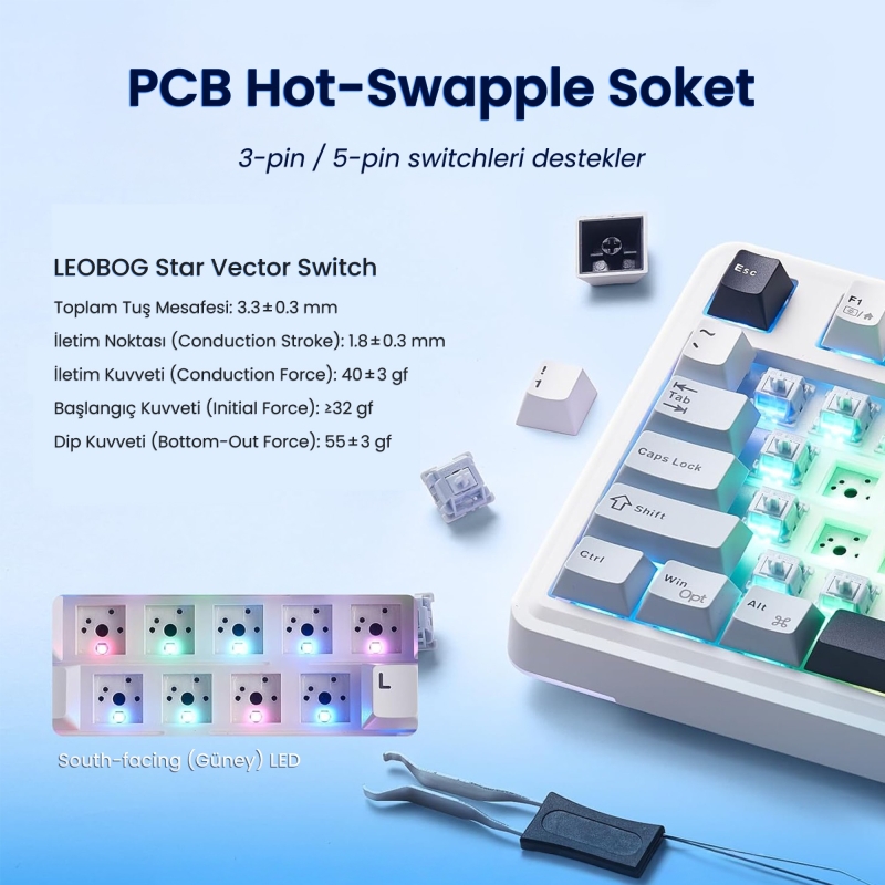 Aula AU75 3 Modlu RGB Hot Swap Mekanik TKL Star Vector Switch Kablosuz Makrolu Klavye Lacivert - 5