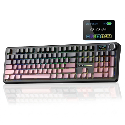 Aula F108 Pro Ekranlı Mekanik Klavye Graywood V3 Switch RGB Hot Swap 8000mAh Makrolu Oyuncu Klavyesi Gradyan Pembe - Aula
