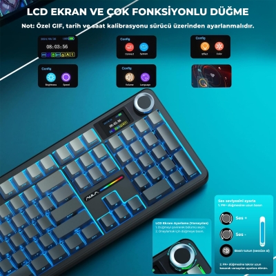 Aula F108 Pro Ekranlı Mekanik Klavye Nimbus Switch RGB Hot Swap 8000mAh Makrolu Oyuncu Klavyesi Gri - 3