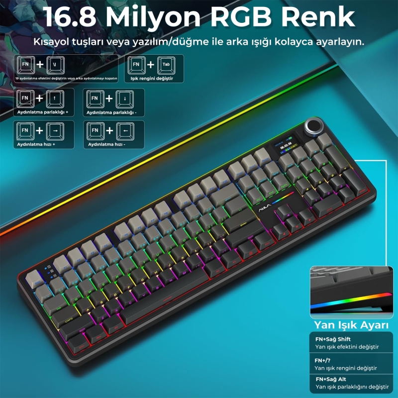 Aula F108 Pro Ekranlı Mekanik Klavye Nimbus Switch RGB Hot Swap 8000mAh Makrolu Oyuncu Klavyesi Gri - 5