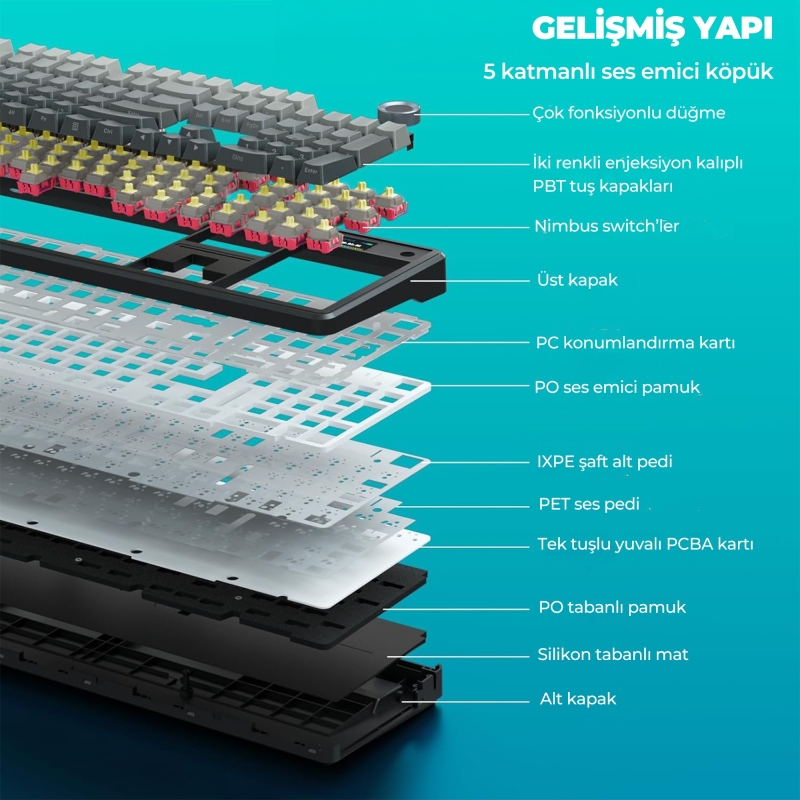 Aula F108 Pro Ekranlı Mekanik Klavye Nimbus Switch RGB Hot Swap 8000mAh Makrolu Oyuncu Klavyesi Gri - 8