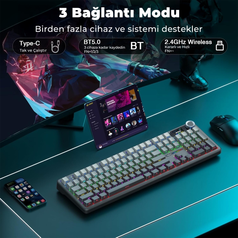 Aula F108 Pro Ekranlı Mekanik Klavye Nimbus Switch RGB Hot Swap 8000mAh Makrolu Oyuncu Klavyesi Gri - 4