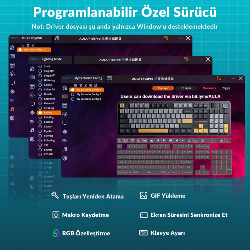 Aula F108 Pro Ekranlı Mekanik Klavye Nimbus Switch RGB Hot Swap 8000mAh Makrolu Oyuncu Klavyesi Gri - 7