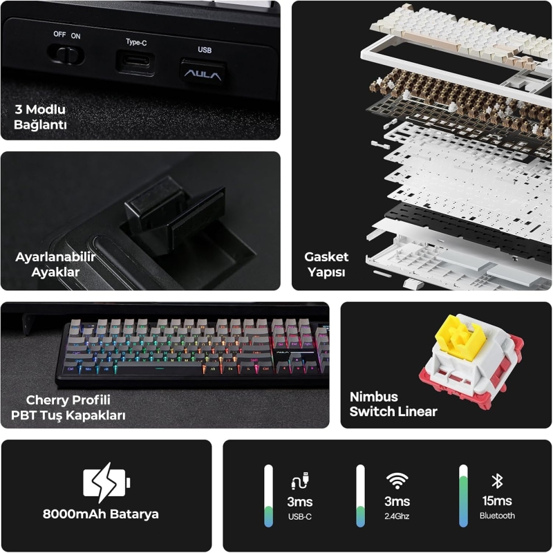 Aula F108 Pro Ekranlı Mekanik Klavye Nimbus Switch RGB Hot Swap 8000mAh Makrolu Oyuncu Klavyesi Gri - 10
