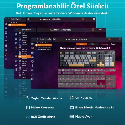 Aula F108 Pro Ekranlı Mekanik Klavye Zephyr Switch RGB Hot Swap 8000mAh Makrolu Oyuncu Klavyesi Gri - 7