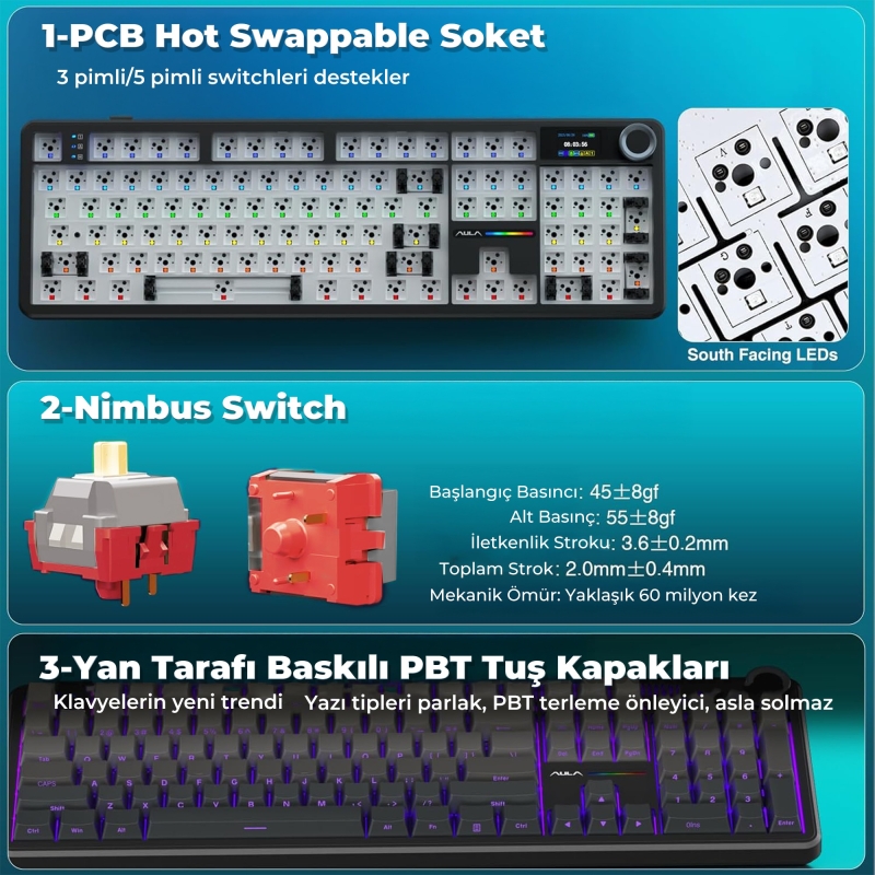 Aula F108 Pro Ekranlı Mekanik Klavye Nimbus Switch RGB Hot Swap 8000mAh Makrolu Oyuncu Klavyesi Gri - 6