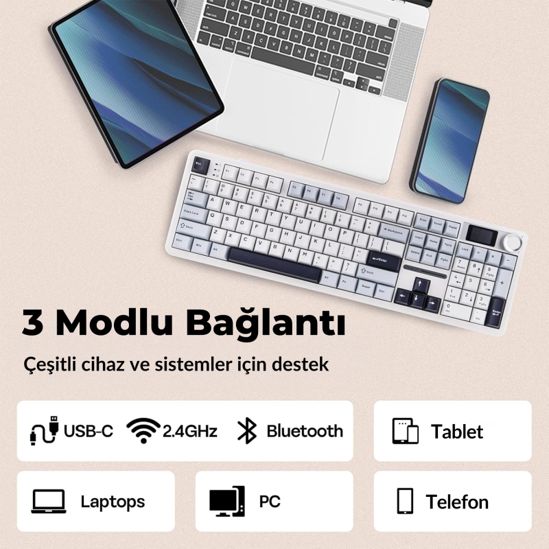 Aula F108 Pro Ekranlı Mekanik Klavye Reaper Switch RGB Hot Swap 8000mAh Makrolu Oyuncu Klavyesi Mavi - 4