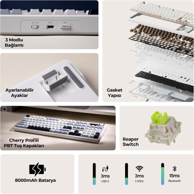 Aula F108 Pro Ekranlı Mekanik Klavye Reaper Switch RGB Hot Swap 8000mAh Makrolu Oyuncu Klavyesi Mavi - 3