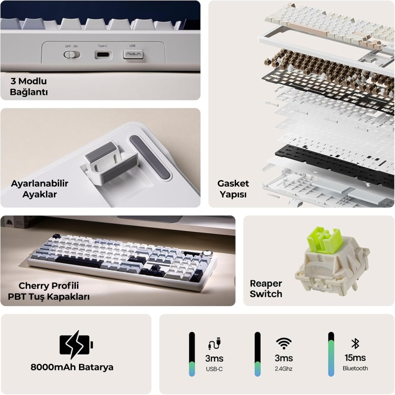 Aula F108 Pro Ekranlı Mekanik Klavye Reaper Switch RGB Hot Swap 8000mAh Makrolu Oyuncu Klavyesi Mavi - 3