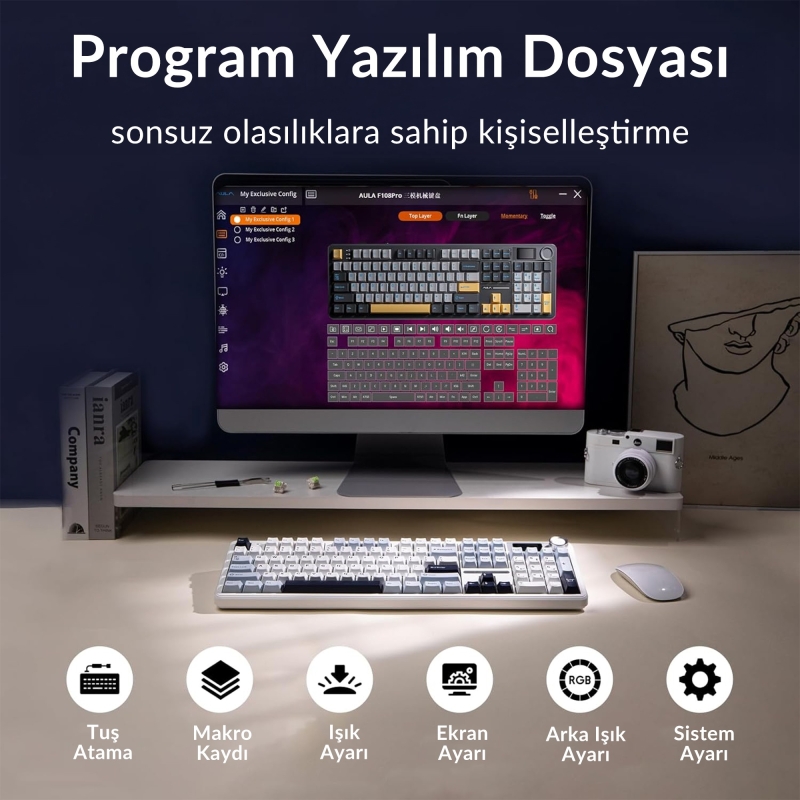 Aula F108 Pro Ekranlı Mekanik Klavye Reaper Switch RGB Hot Swap 8000mAh Makrolu Oyuncu Klavyesi Mavi - 7