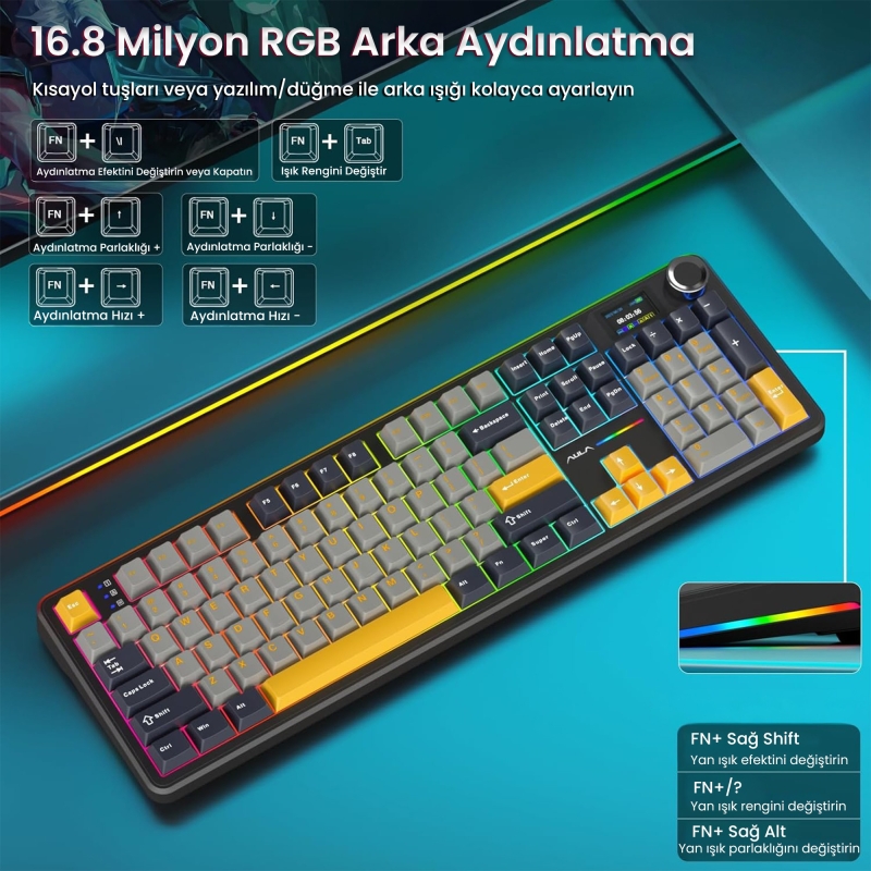 Aula F108 Pro Ekranlı Mekanik Klavye Reaper Switch RGB Hot Swap 8000mAh Makrolu Oyuncu Klavyesi Siyah - 6
