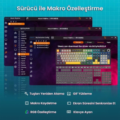 Aula F108 Pro Ekranlı Mekanik Klavye Reaper Switch RGB Hot Swap 8000mAh Makrolu Oyuncu Klavyesi Siyah - 7