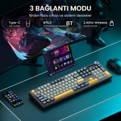 Aula F108 Pro Ekranlı Mekanik Klavye Reaper Switch RGB Hot Swap 8000mAh Makrolu Oyuncu Klavyesi Siyah - 4