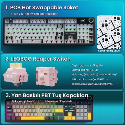 Aula F108 Pro Ekranlı Mekanik Klavye Reaper Switch RGB Hot Swap 8000mAh Makrolu Oyuncu Klavyesi Siyah - 5