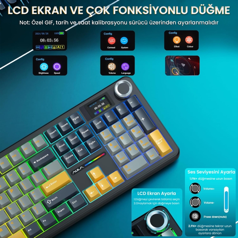 Aula F108 Pro Ekranlı Mekanik Klavye Reaper Switch RGB Hot Swap 8000mAh Makrolu Oyuncu Klavyesi Siyah - 3