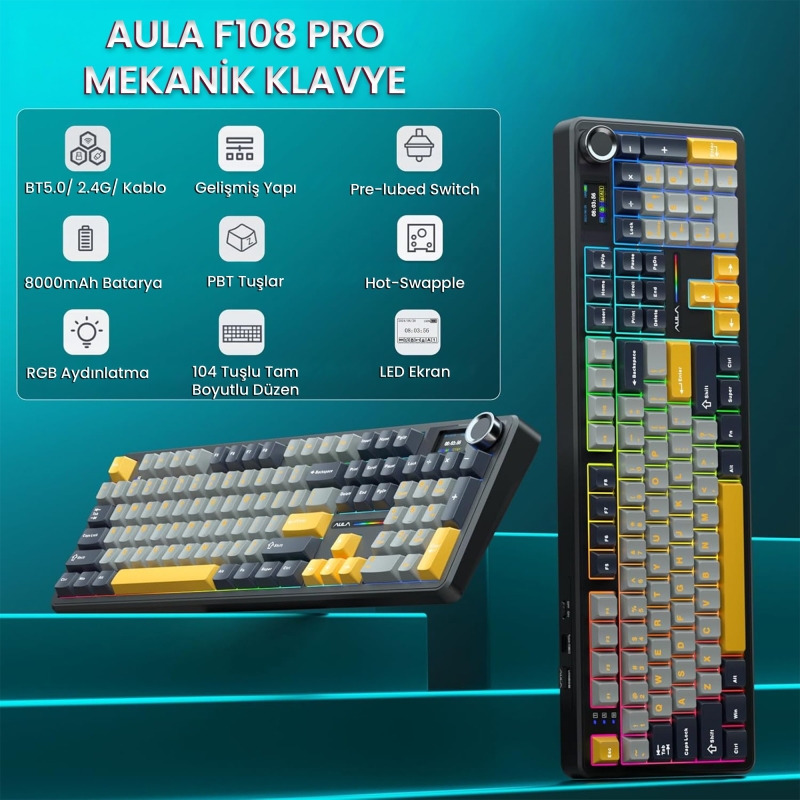 Aula F108 Pro Ekranlı Mekanik Klavye Reaper Switch RGB Hot Swap 8000mAh Makrolu Oyuncu Klavyesi Siyah - 2