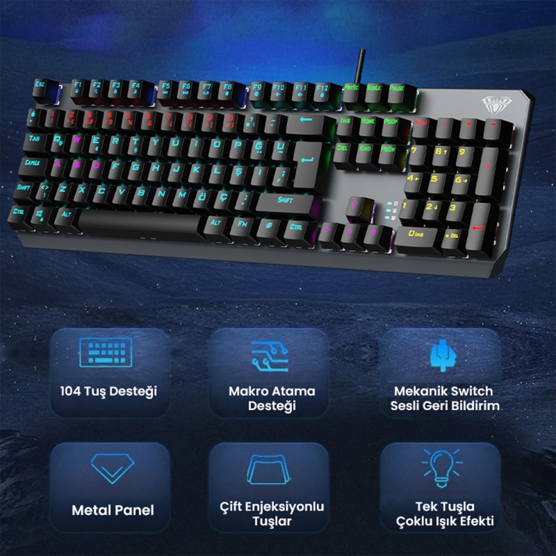 Aula F2066 Blue Switch RGB Makrolu Kablolu Gaming Türkçe Mekanik Oyuncu Klavyesi - 3